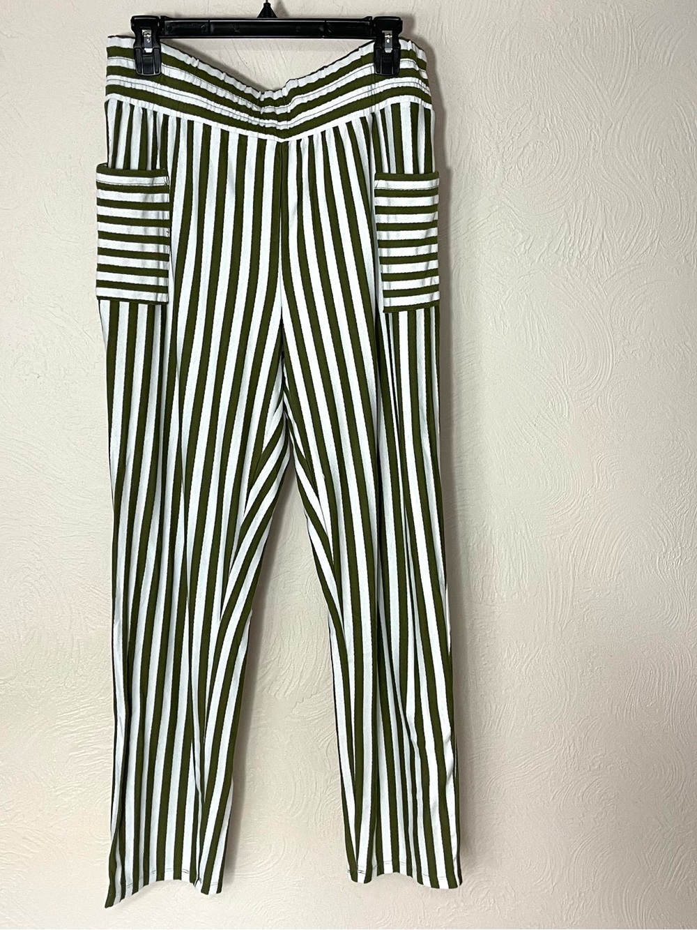 AnyBody Olive Green & White Vertical Stripe Straight Leg Pants